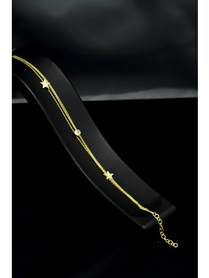 Papatya Silver 925 Ayar Gümüş Gold Kaplama Zirkon Taşlı Yıldız Gümüş Bileklik