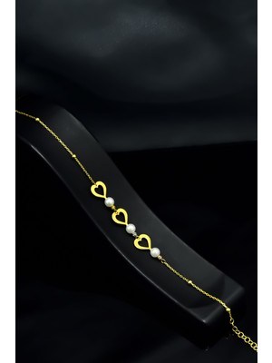 Papatya Silver 925 Ayar Gümüş Gold Kaplama Üç Kalpli Incili Bileklik