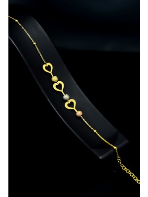 Papatya Silver 925 Ayar Gümüş Gold Kaplama Üç Kalp Sim Toplu Bileklik