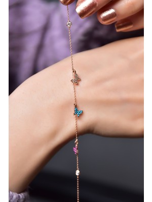 Papatya Silver 925 Ayar Gümüş Rose Kaplama Zirkon Taşlı Sıralı Mix Kelebek Bileklik