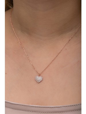 Nereze 925 Ayar Gümüş Rose Kaplama Zirkon Taşlı Minimal Kalp Kolye