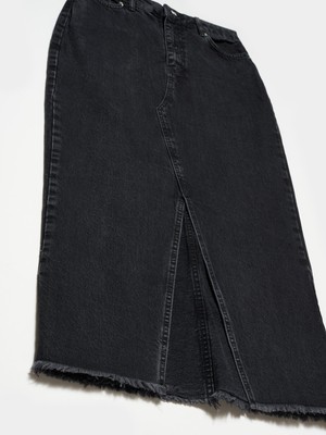 Dilvin 80535 Etek Ucu Tüylü Uzun Denim Etek-Siyah