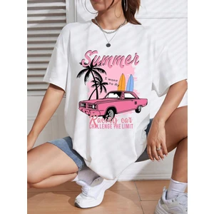 Kadın Summer Racing Car Baskılı Oversize T-Shirt