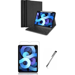 Apple Ipad Air 4 ve Air 5 10.9 Inc Uyumlu Kablosuz Klavyeli Standlı Kılıf Cam Set