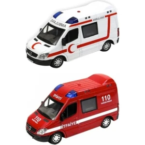 Dzc Kuzenler Avm 2 Adet Diecast Metal Itfaiye ve Ambulans Mercedes Sprinter Çek Bırak Işıklı Siren Sesli 14 cm Kapıları Açılır