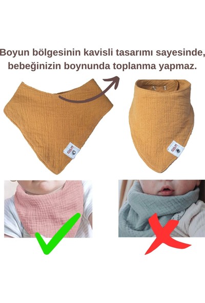 Arasta Design Müslin Üçgen Fular Bebek Mama Salya Önlüğü 5'li Set + Emzik Askısı