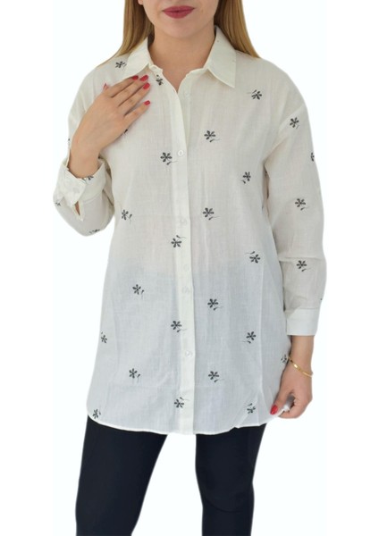 Kadın Krem Çiçekli Gömlek 71321 BGL-ST02905