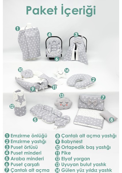 Mordesign Babynest Yatak + Yastık + Pike + Ortopedik Minder + Emzirme ve Puset Aksesuarları Komple Set