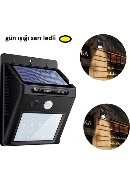 Gün Işığı Sarı Ledli Hareket Sensörlü Güneş Enerjili LED Aydınlatma Dış Mekan Bahçe 20 LED Li