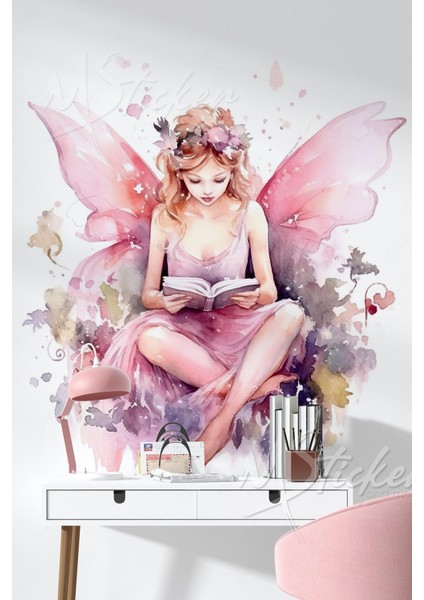 Kitap Okuyan Sanatsal Peri Kızı Duvar Dekorasyon Stickerı - Salon Mutfak Ev Ofis Dekorasyon Stickerı