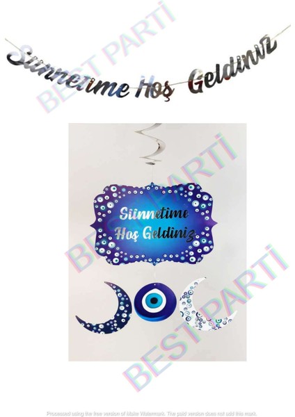 Sünnetime Hoş Geldiniz Kaligrafi Banner ve 4'lü Tavan Süsü
