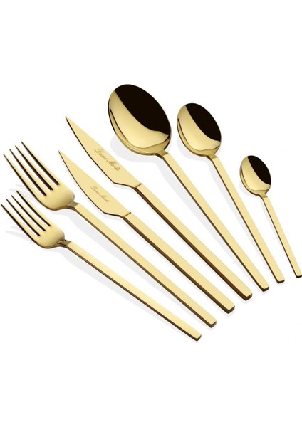 Carre Altın Sade 12 Kişilik 84 Parça Çatal Kaşık Bıçak Seti