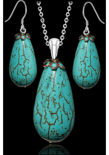 Sertifikalı 1.kalite Damla Kesim Firuze Taşı Kolye ve Küpe Seti