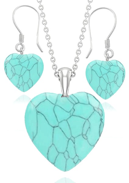 Sertifikalı Kalp Turkuaz Kolye ve Küpe Seti