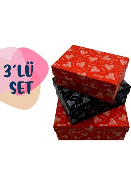 Hediye Kutusu 3 Lü Küçük Kutu Seti Love Kalp (MBX-4155)