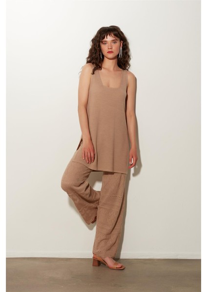 Bej Örgü Desenli Triko Tunik Pantolon Takım SS23TK480102BJ
