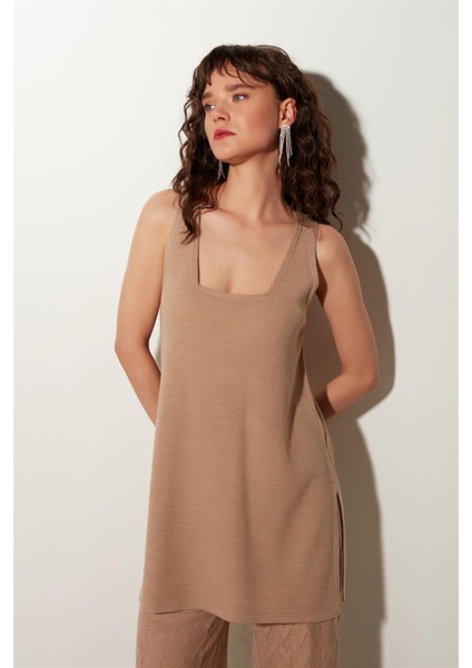 Bej Örgü Desenli Triko Tunik Pantolon Takım SS23TK480102BJ fiyatları