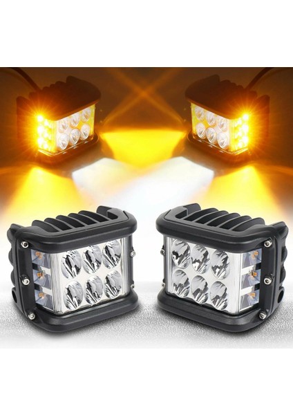 STS Oto Aksesuar Off Road Motosiklet 45W 12 LED 10CM Beyaz Turuncu Çakarlı Kare Sis Farı Çalışma Lambası 2 Adet Sağ Sol