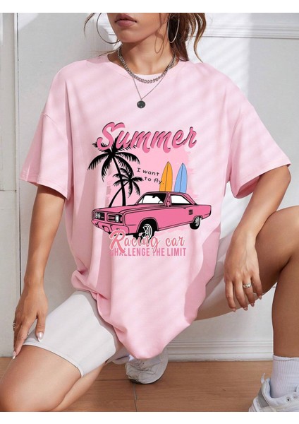 Kadın Summer Racing Car Baskılı Oversize T-Shirt