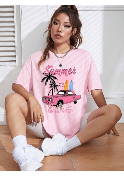 Kadın Summer Racing Car Baskılı Oversize T-Shirt