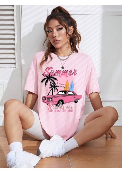 Kadın Summer Racing Car Baskılı Oversize T-Shirt