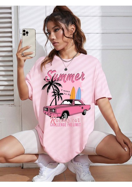 Kadın Summer Racing Car Baskılı Oversize T-Shirt