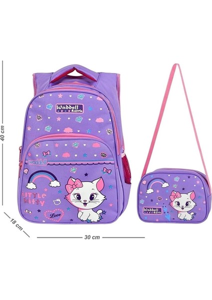 Lisanslı Lila Sevimli Kedi Desenli Ilkokul Sırt Çantası ve Beslenme Çantası