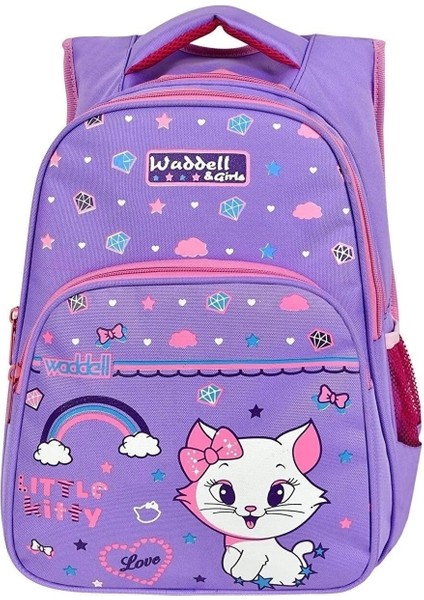 Lisanslı Lila Sevimli Kedi Desenli Ilkokul Sırt Çantası ve Beslenme Çantası