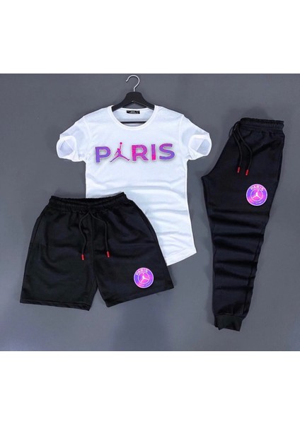 Yeni Sezon Paris Baskılı Trend 3’lü Tişört-Eşofman-Şort Slim Fit Takım Alt Üst