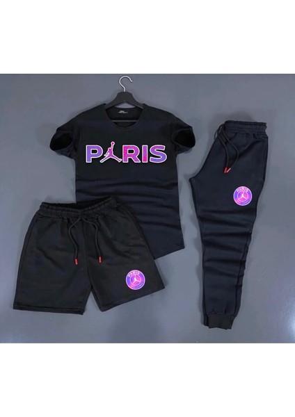 Yeni Sezon Paris Baskılı Trend 3’lü Tişört-Eşofman-Şort Slim Fit Takım Alt Üst