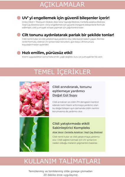 Spf 50+ Pa++++ Ton Eşitleyici Pembe Renkli Güneş Kremi 50ML