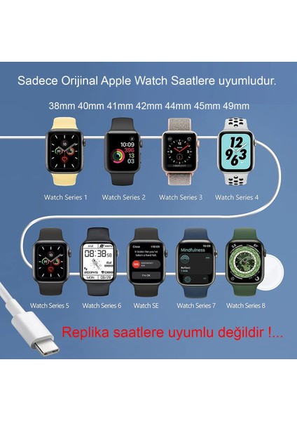 Apple Watch Şarj Kablosu 1/2/3/4/5/6/7/8/se/ultra Orijinal Uyumlu Type-C Şarj Kablosu