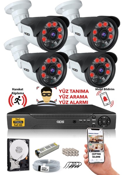4 Kameralı Güvenlik Kamerası Sistemi 5mp Sony Lensli - Gece Görüşlü - Cepten İzlemeli