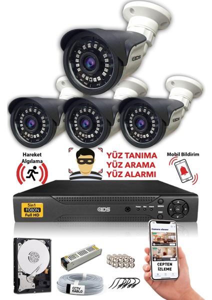 5mp Sony Lensli 4 Kameralı Fullhd Gece Görüşlü - Cepten İzle - Güvenlik Kamerası Sistemi A2065