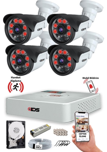 4 Kameralı 5mp Sony Lensli Gece Görüşlü Cepten İzleme Su Geçirmez Güvenlik Kamerası Seti -A2055
