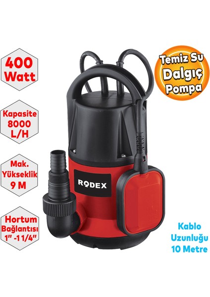 RDX814 Dalgıç Pompa Temiz Su 400W 8000 L/h 8 Metre