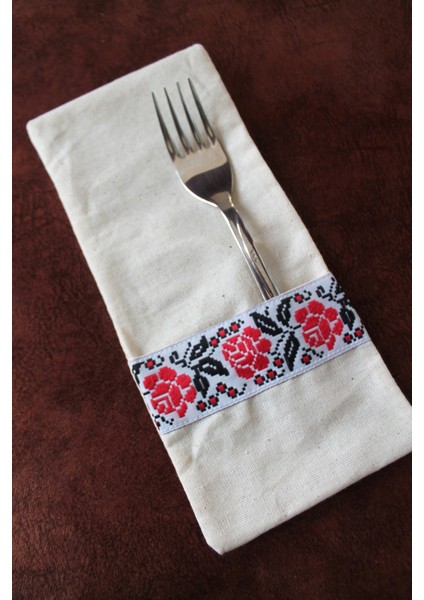 6 Adet Kanaviçe Çiçek Şeritli Keten Kaşıklık Servis Sunum