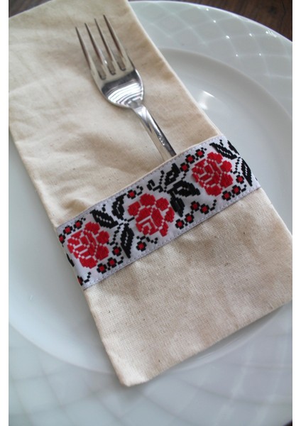 6 Adet Kanaviçe Çiçek Şeritli Keten Kaşıklık Servis Sunum modelleri