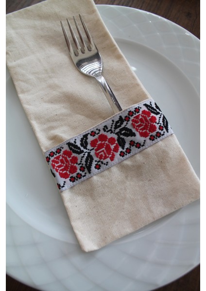 6 Adet Kanaviçe Çiçek Şeritli Keten Kaşıklık Servis Sunum indirimleri