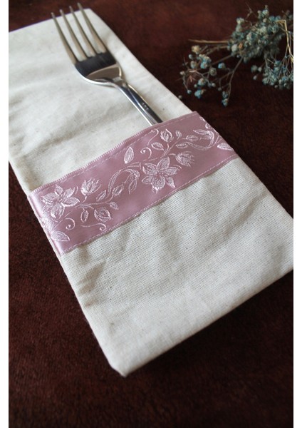 6 Adet Soft Pembe Şeritli Keten Kaşıklık Servis Sunum