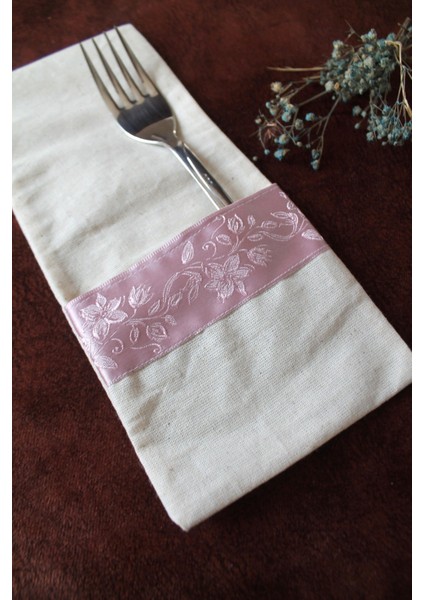 6 Adet Soft Pembe Şeritli Keten Kaşıklık Servis Sunum modelleri