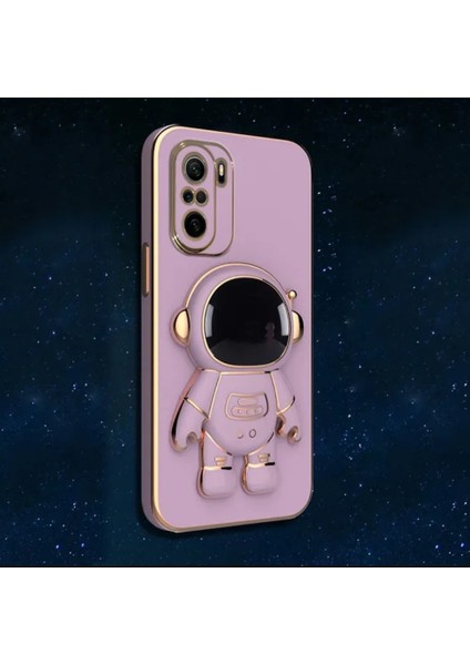 Cover Center  Xiaomi Redmi Note 10 Pro Kılıf Kamera Korumalı Astronot Standlı Sevimli Parlak Gold Kenar