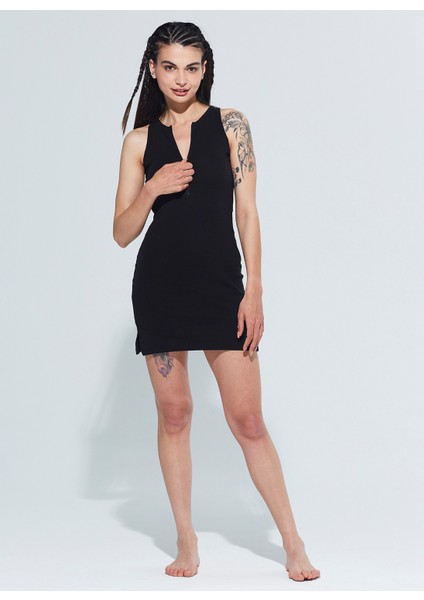 Adel Bisiklet Yaka Fermuar Detaylı Slim Fit Mini Örme Elbise 1115