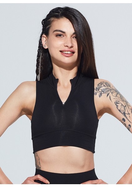 Mila Dik Yaka Fermuar Detaylı Organik Pamuk Örme Crop Body 1107