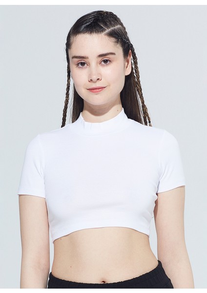 Laura Dik Yaka Ribanalı Organik Pamuk Örme Crop T-Shirt 1110