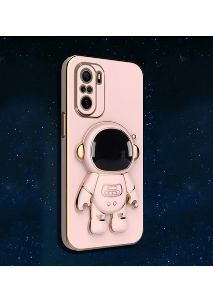 Cover Center  Xiaomi Redmi Note 10 Pro Kılıf Kamera Korumalı Astronot Standlı Sevimli Parlak Gold Kenar