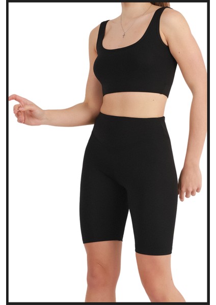Kadın Siyah Yüksek Bel Toparlayıcı Kısa Spor Tayt Biker Şort Basics Casual & Comfort 1070