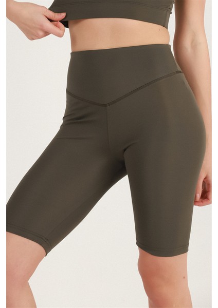 Kadın Haki Renk Yüksek Bel Toparlayıcı Kısa Spor Tayt Biker Şort Basics Casual & Comfort 1070 fiyatları