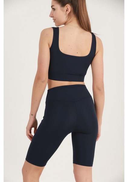 Kadın Lacivert Yüksek Bel Toparlayıcı Kısa Spor Tayt Biker Şort Basics Casual & Comfort 1070