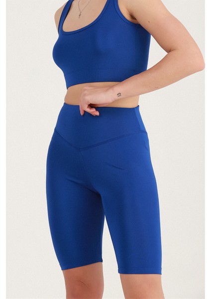 Kadın Sax Mavi Yüksek Bel Toparlayıcı Kısa Spor Tayt Biker Şort Basics Casual & Comfort 1070